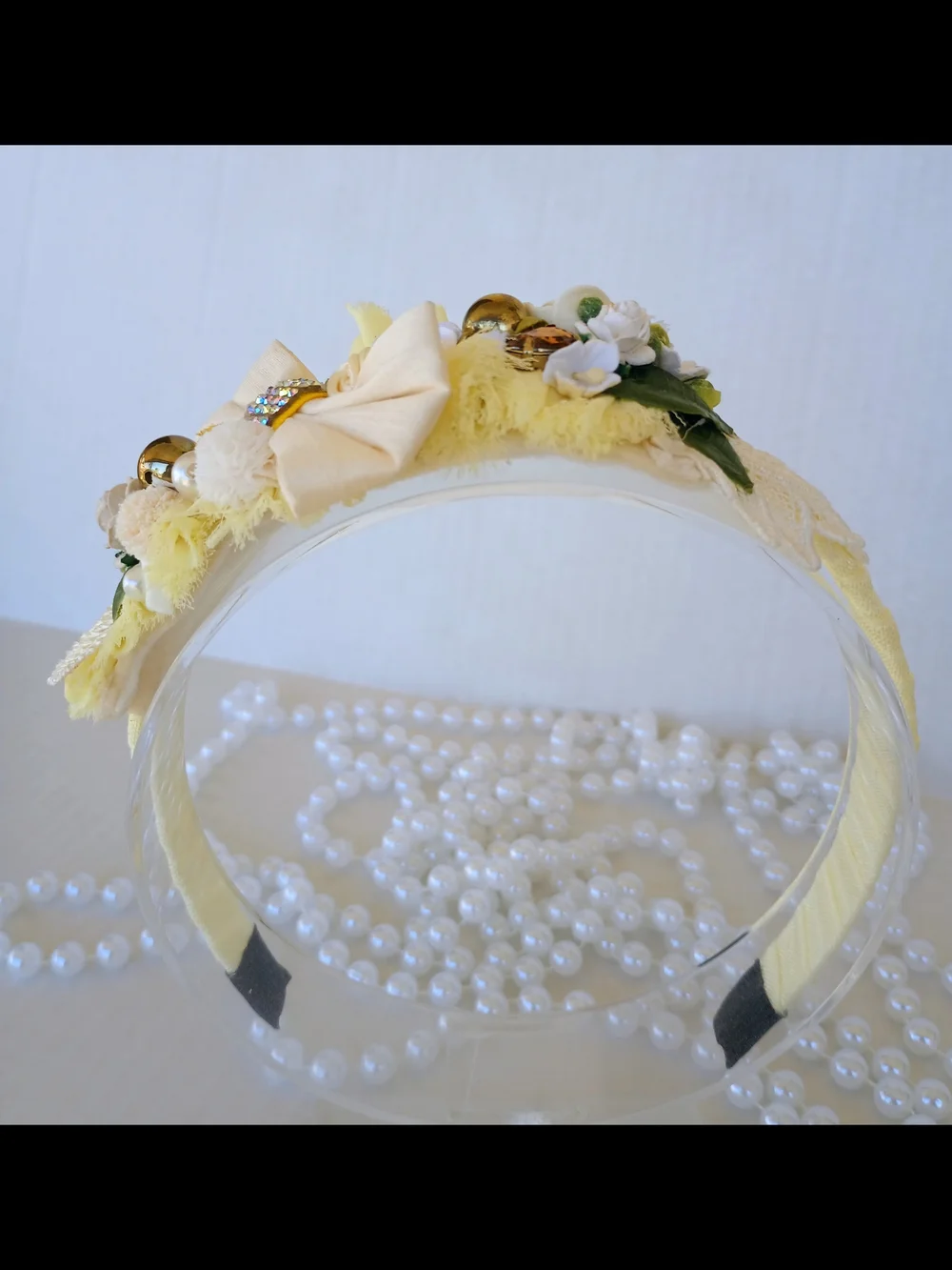 Handmade Yellow Floral Pearl Embellished Padded Headband🎀✨